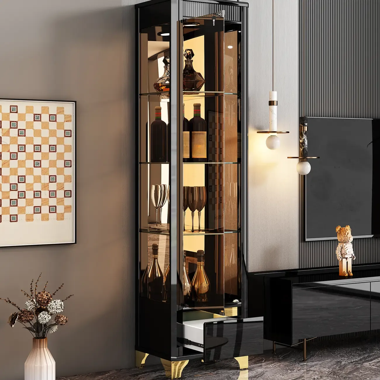 Modern Black Glass Display Cabinet with Storage for Living Room Image - 3