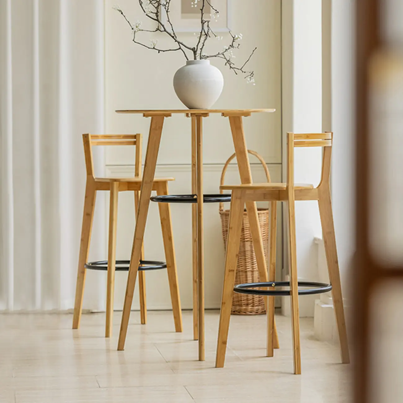 Scandinavian Bamboo Round Pub Bar Table with Black Footrest for Dining Image - 1 | homeyfad