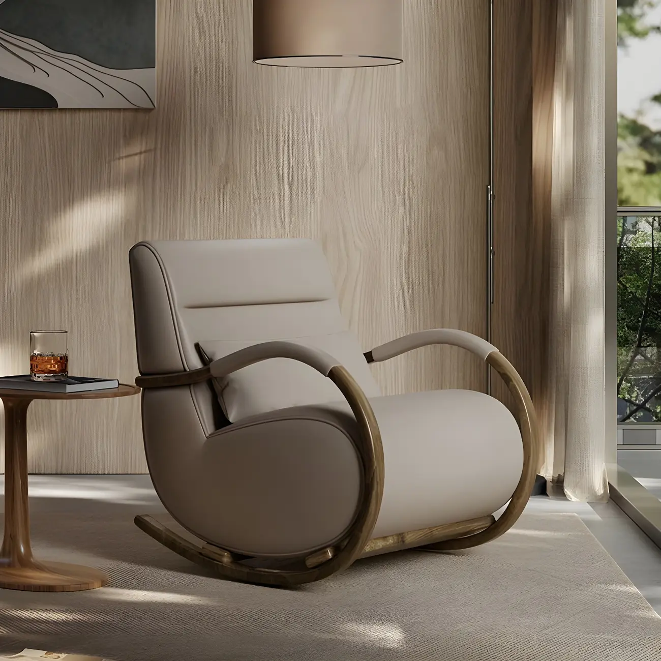 Modern Wood Rocking Chair with Leather Upholstered with Pillow Image - 2 | homeyfad