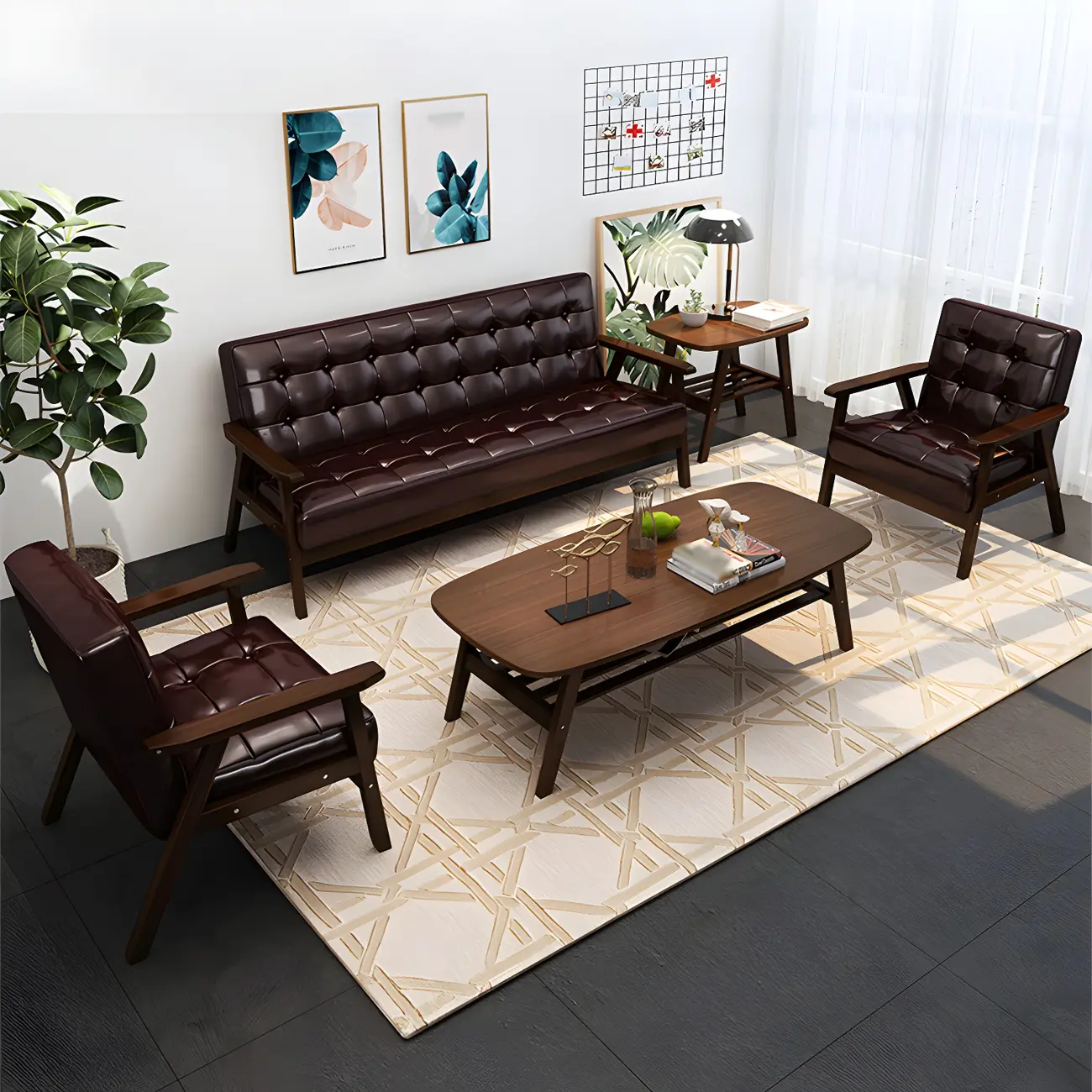 Modern Leather Tufted Accent Chair with Wood Frame Image - 4 | homeyfad