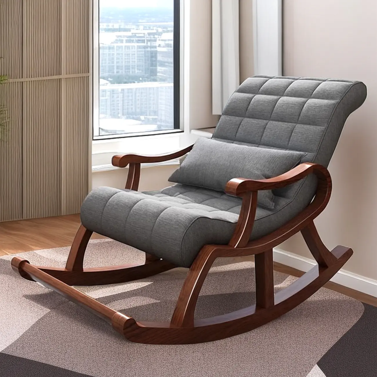 Wood Upholstered Rocking Chair with Track Arms Pillow Included Image - 1 | homeyfad
