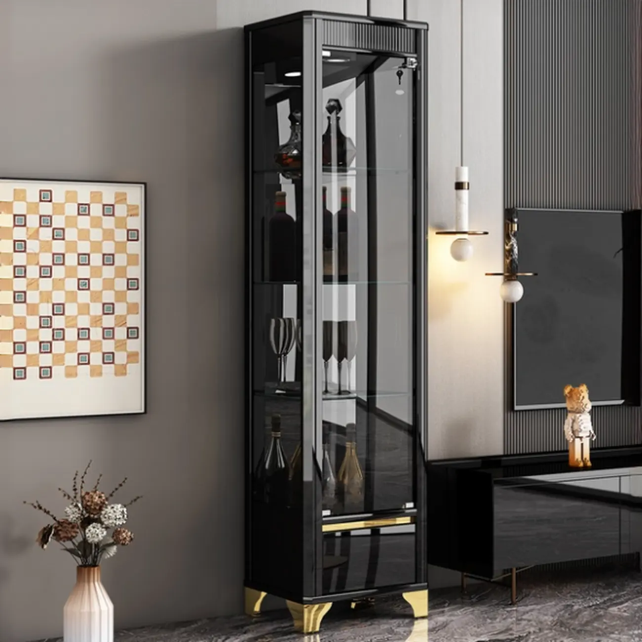 Modern Black Glass Display Cabinet with Storage for Living Room Image - 6 | homeyfad