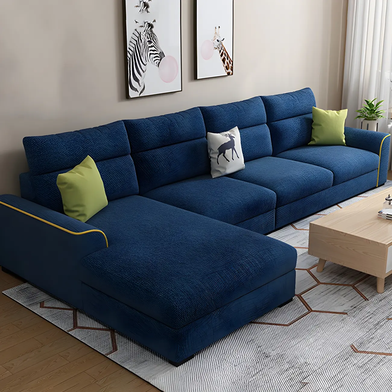 Dark Blue L-Shape Linen Sectional Sofa with Flared Arm  Image - 1 | homeyfad