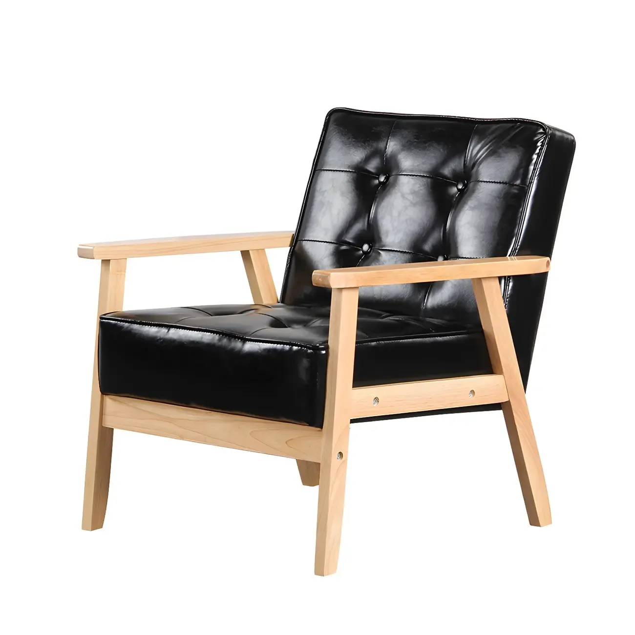 Modern Leather Tufted Accent Chair with Wood Frame Image - 6