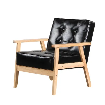 Modern Leather Tufted Accent Chair with Wood Frame Image - 6