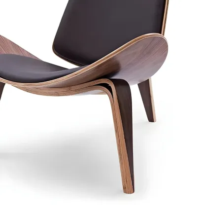 Scandinavian Leather/Linen Accent Chair with Wood Frame Image - 10