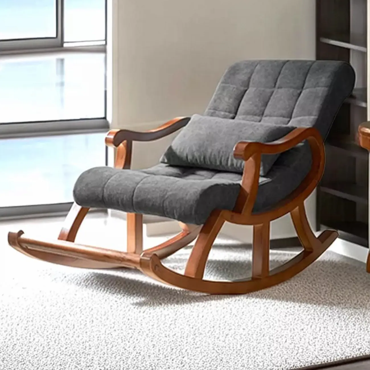 Wood Upholstered Rocking Chair with Track Arms Pillow Included Image - 2 | homeyfad