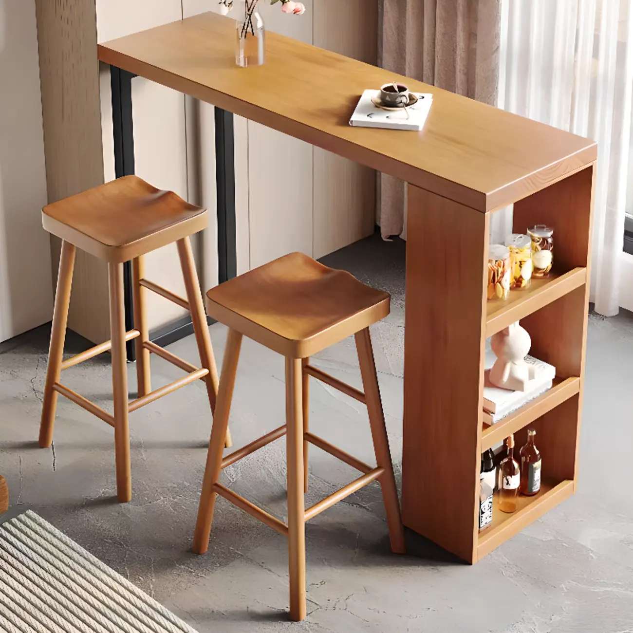 Nordic Pine Wood Rectangular Bar Table with Storage Rack for Dining Room Image - 2 | homeyfad