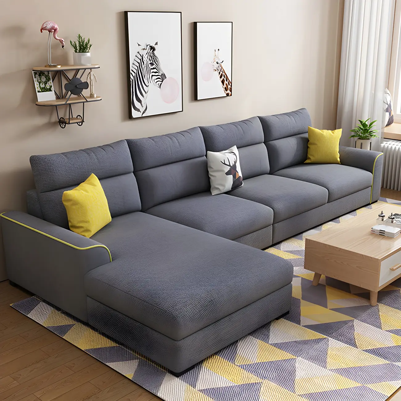 Dark Blue L-Shape Linen Sectional Sofa with Flared Arm  Image - 2 | homeyfad