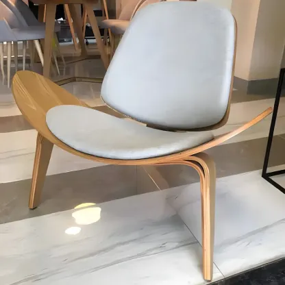 Scandinavian Leather/Linen Accent Chair with Wood Frame Image - 11