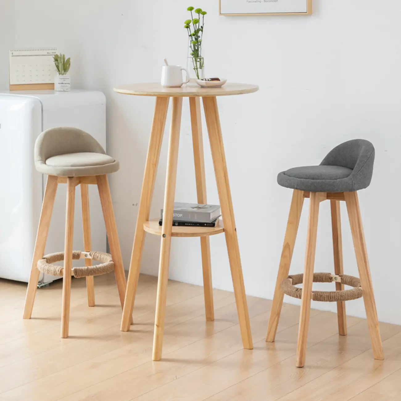 Nordic Wooden 36 inches Round Bar Table Set with Footrest Image - 1 | homeyfad
