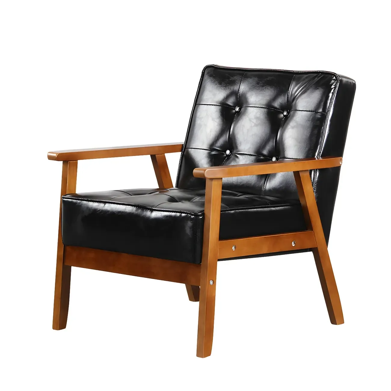 Modern Leather Tufted Accent Chair with Wood Frame Image - 7