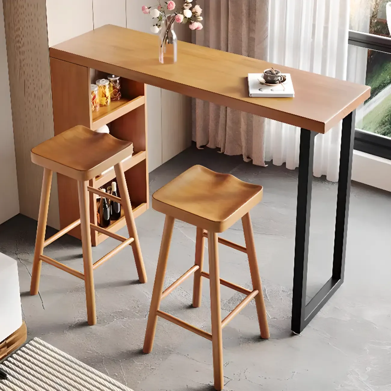 Nordic Pine Wood Rectangular Bar Table with Storage Rack for Dining Room Image - 3