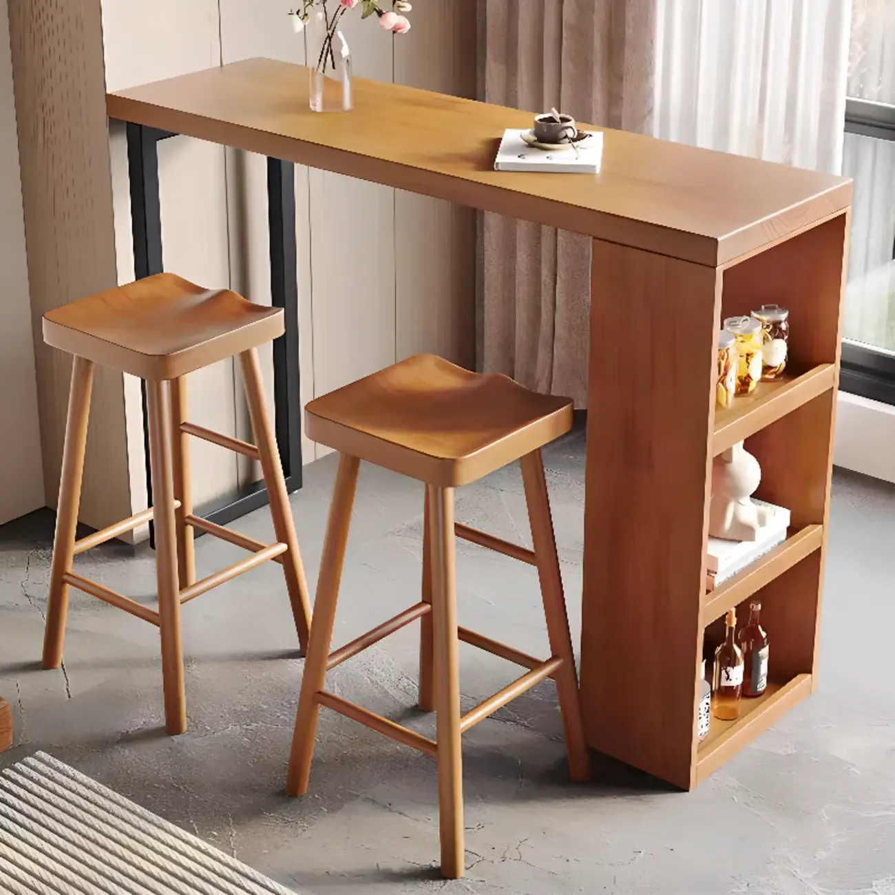 Nordic Pine Wood Rectangular Bar Table with Storage Rack for Dining Room Image - 4