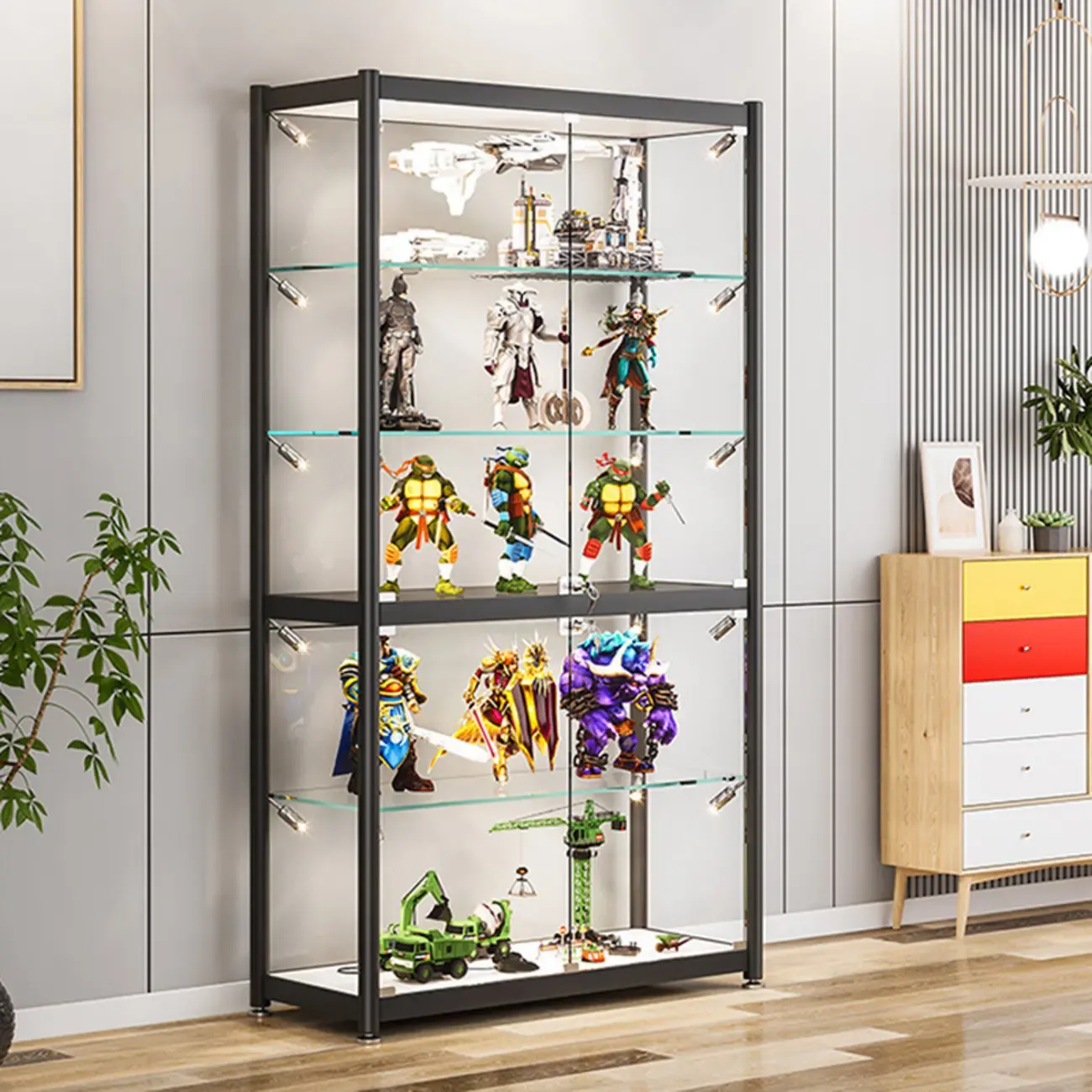 Adjustable Black Glass Storage Curio Cabinet with Lights | HomeyFad