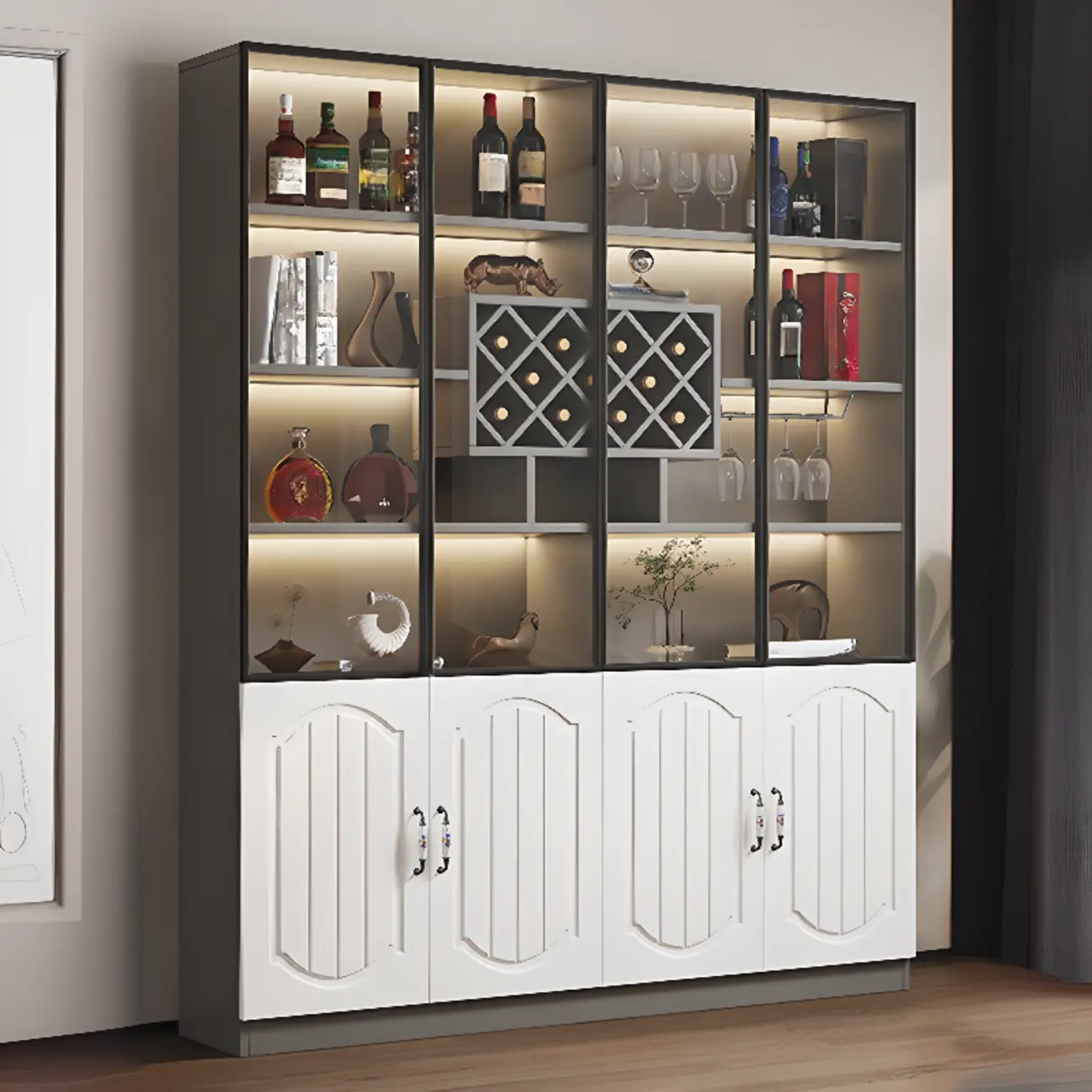 Stylish Glass Display Cabinet with Shelves & Lighting for Kitchen Image - 23 | homeyfad