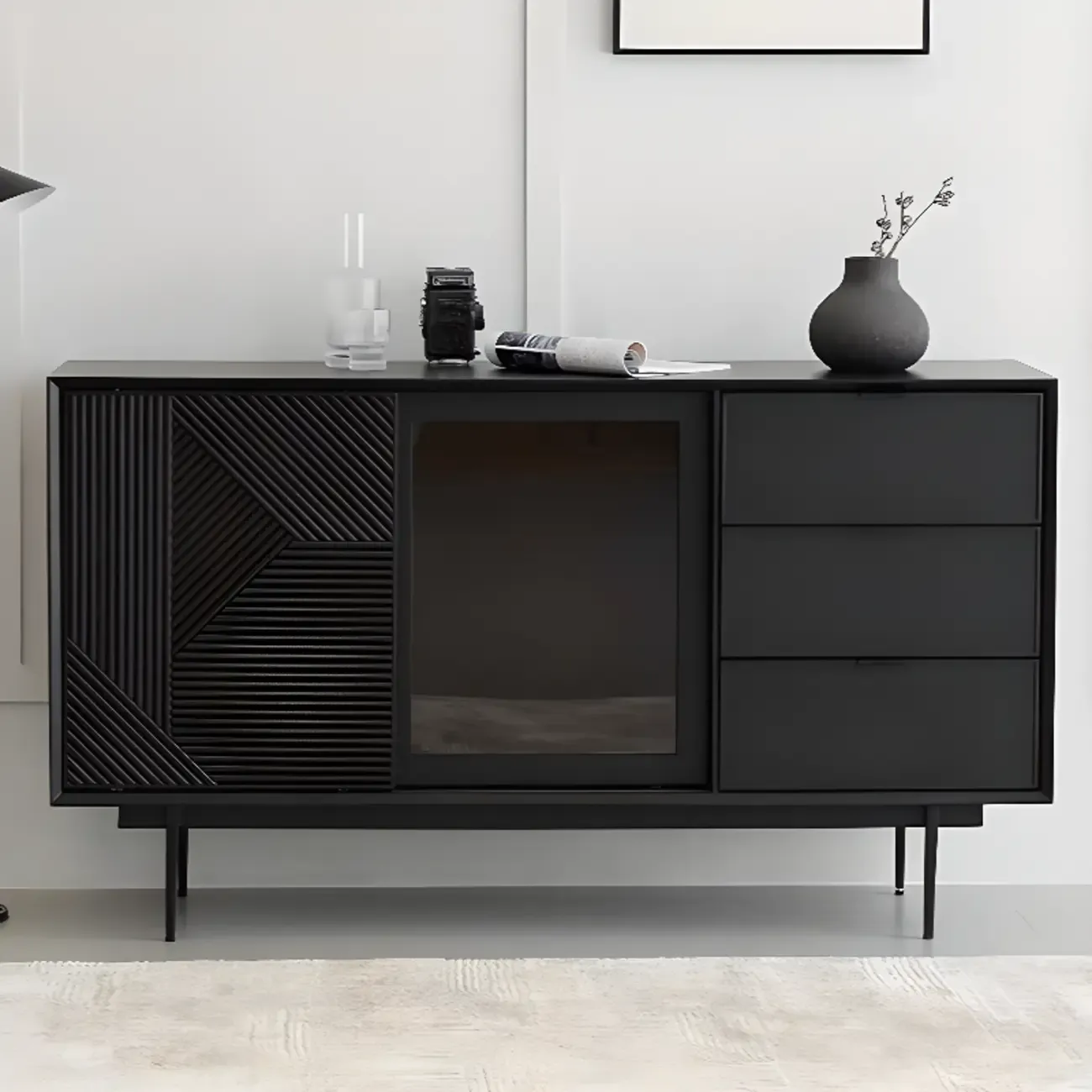 Modern Black Rectangle Cabinet for Living Room with Drawers Image - 2