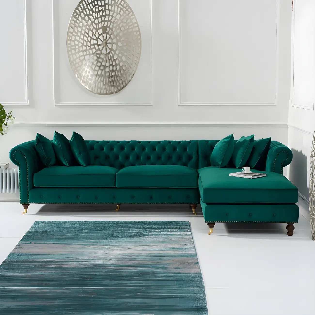 Traditional Green Flannel Sofa Chaise with Nailhead Trim Image - 1 | homeyfad