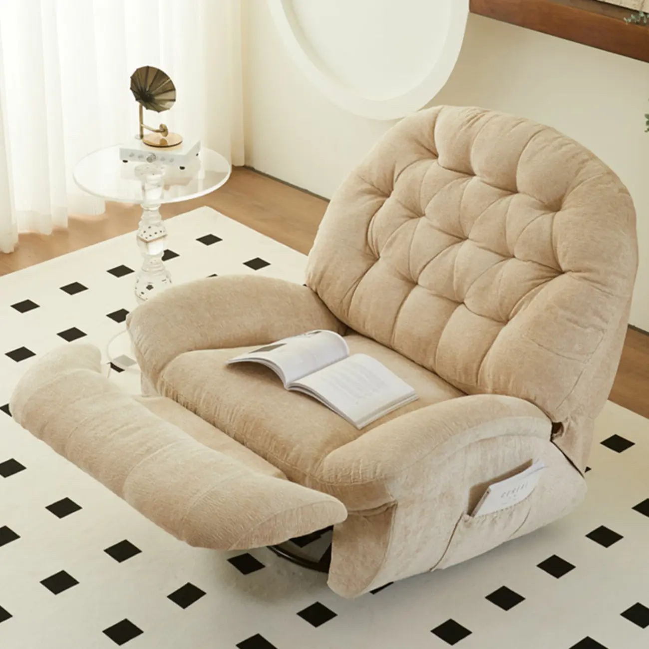 Leather/Chenille Swivel Recliner Chair in Off-White Image - 14 | homeyfad