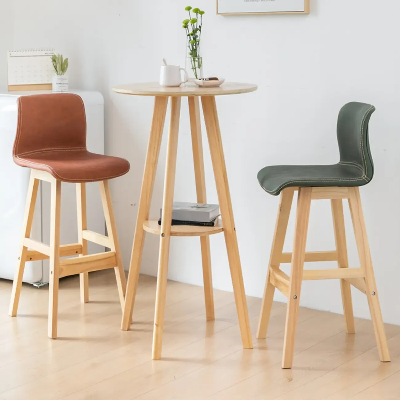 Nordic Wooden 36 inches Round Bar Table Set with Footrest Image - 9