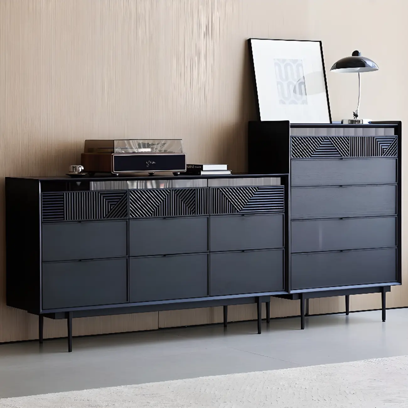 Modern Black Rectangle Cabinet for Living Room with Drawers Image - 8 | homeyfad