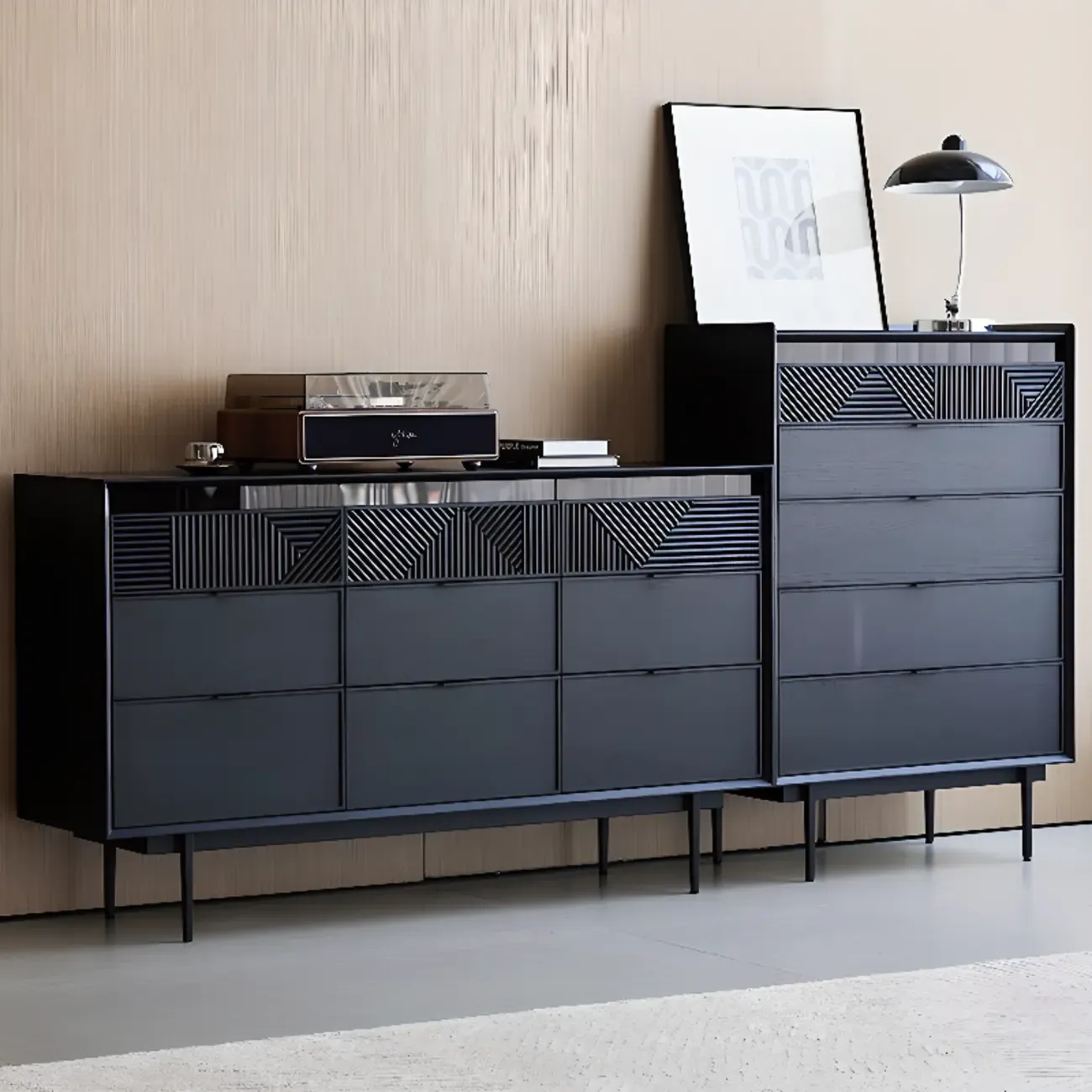 Modern Black Rectangle Cabinet for Living Room with Drawers Image - 8