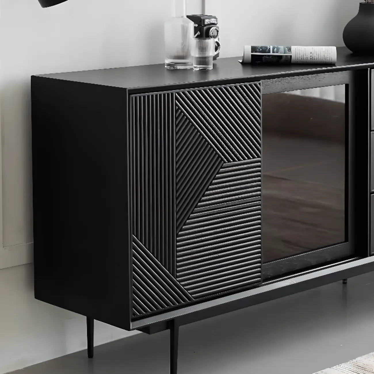 Modern Black Rectangle Cabinet for Living Room with Drawers Image - 10