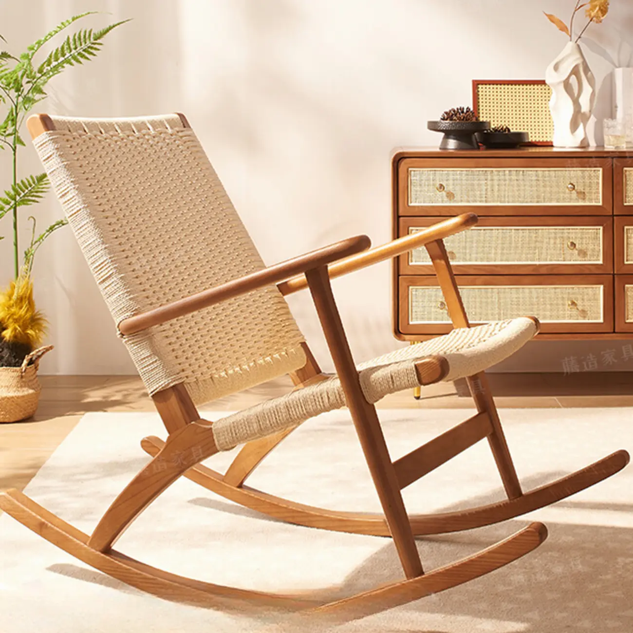 Natural Wooden Rocking Chair with Track Arms for Living Room Image - 1 | homeyfad