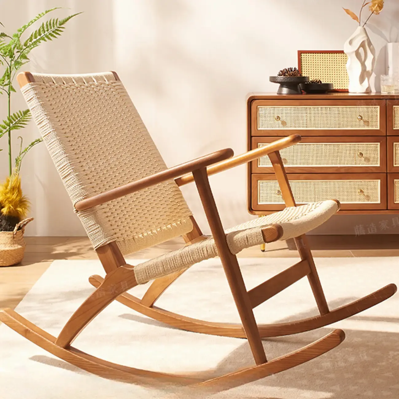 Natural Wooden Rocking Chair with Track Arms for Living Room Image - 1