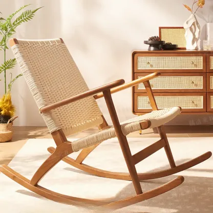 Natural Wooden Rocking Chair with Track Arms for Living Room Image - 1