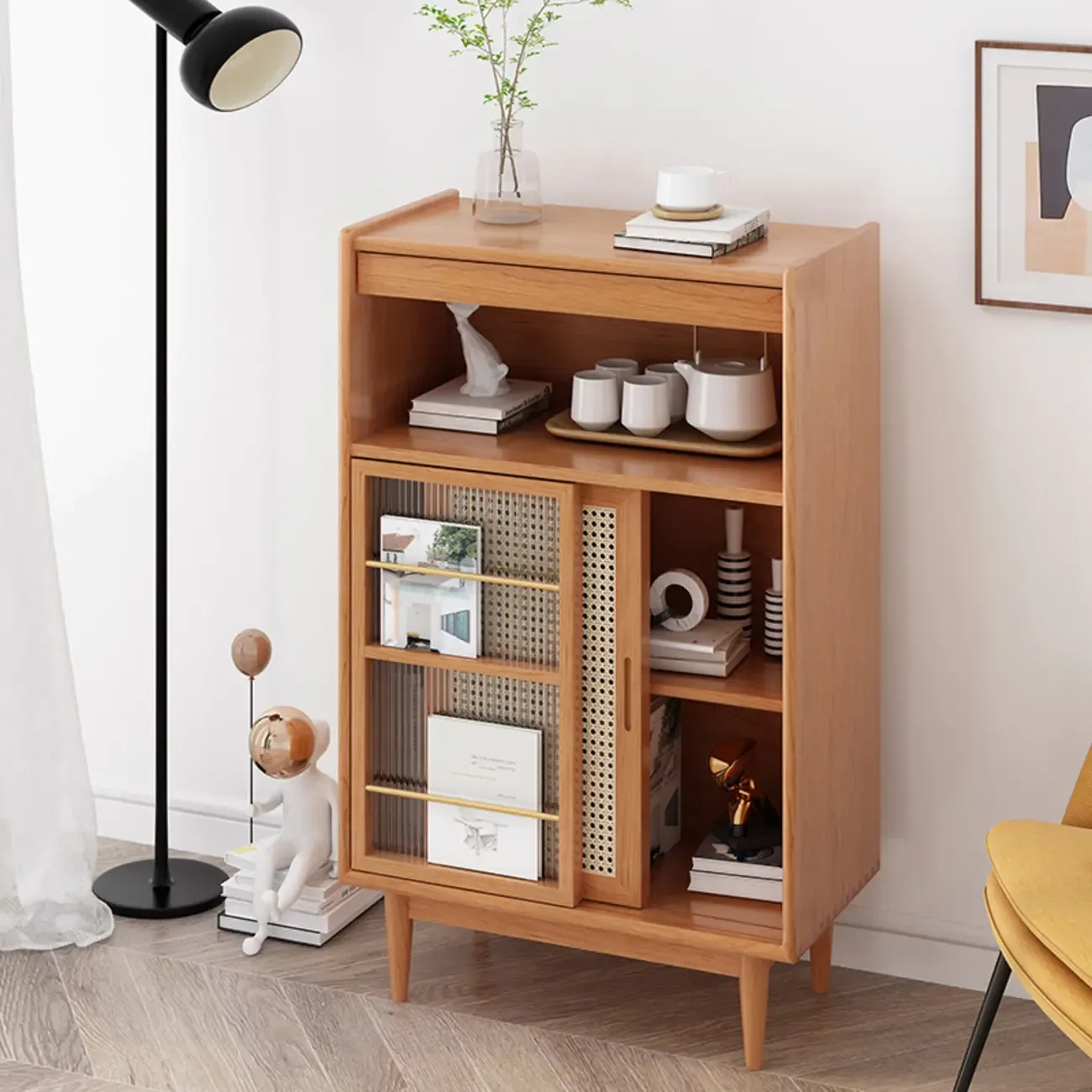 Wooden Display Cabinet with Rattan Doors for Bedroom Image - 1
