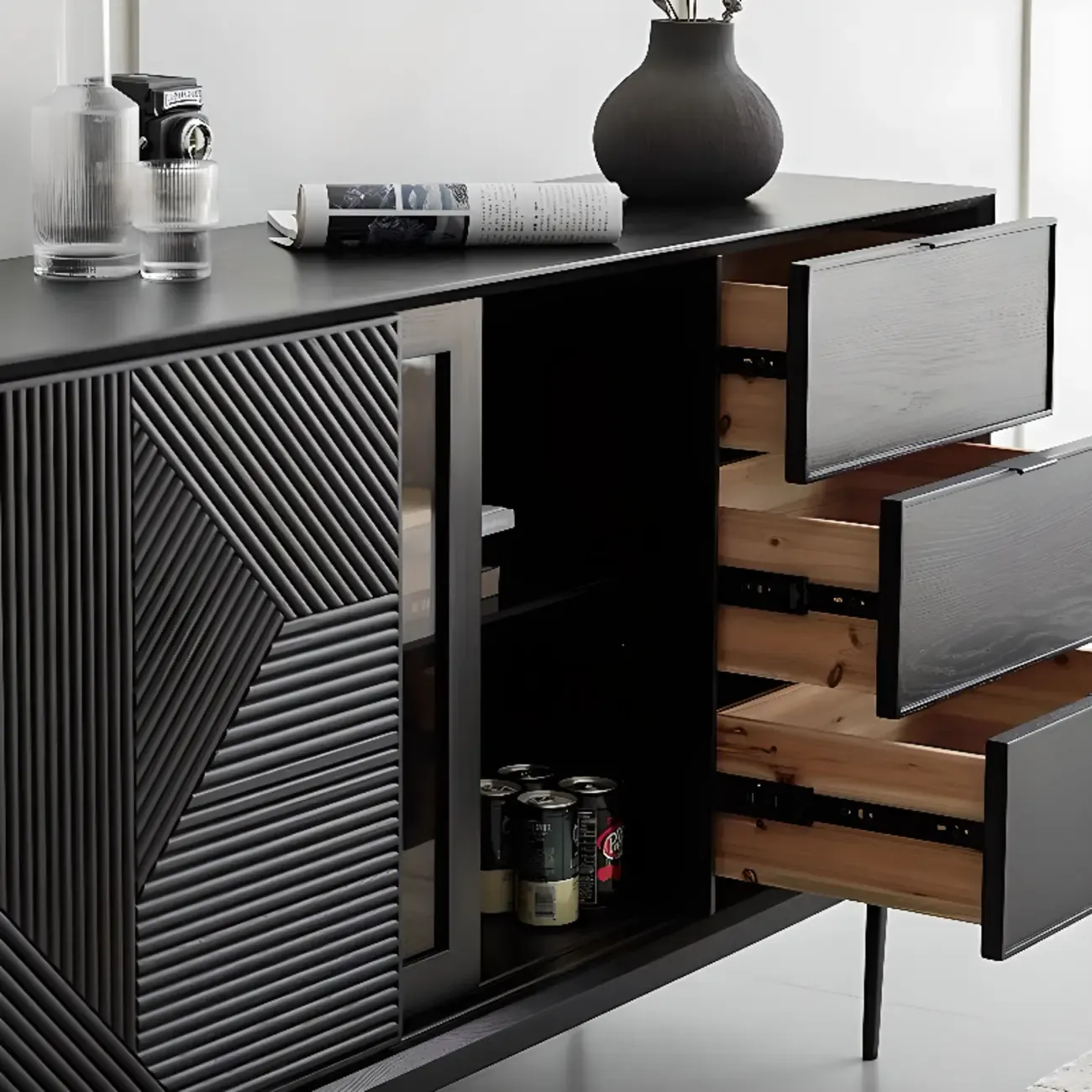 Modern Black Rectangle Cabinet for Living Room with Drawers Image - 12