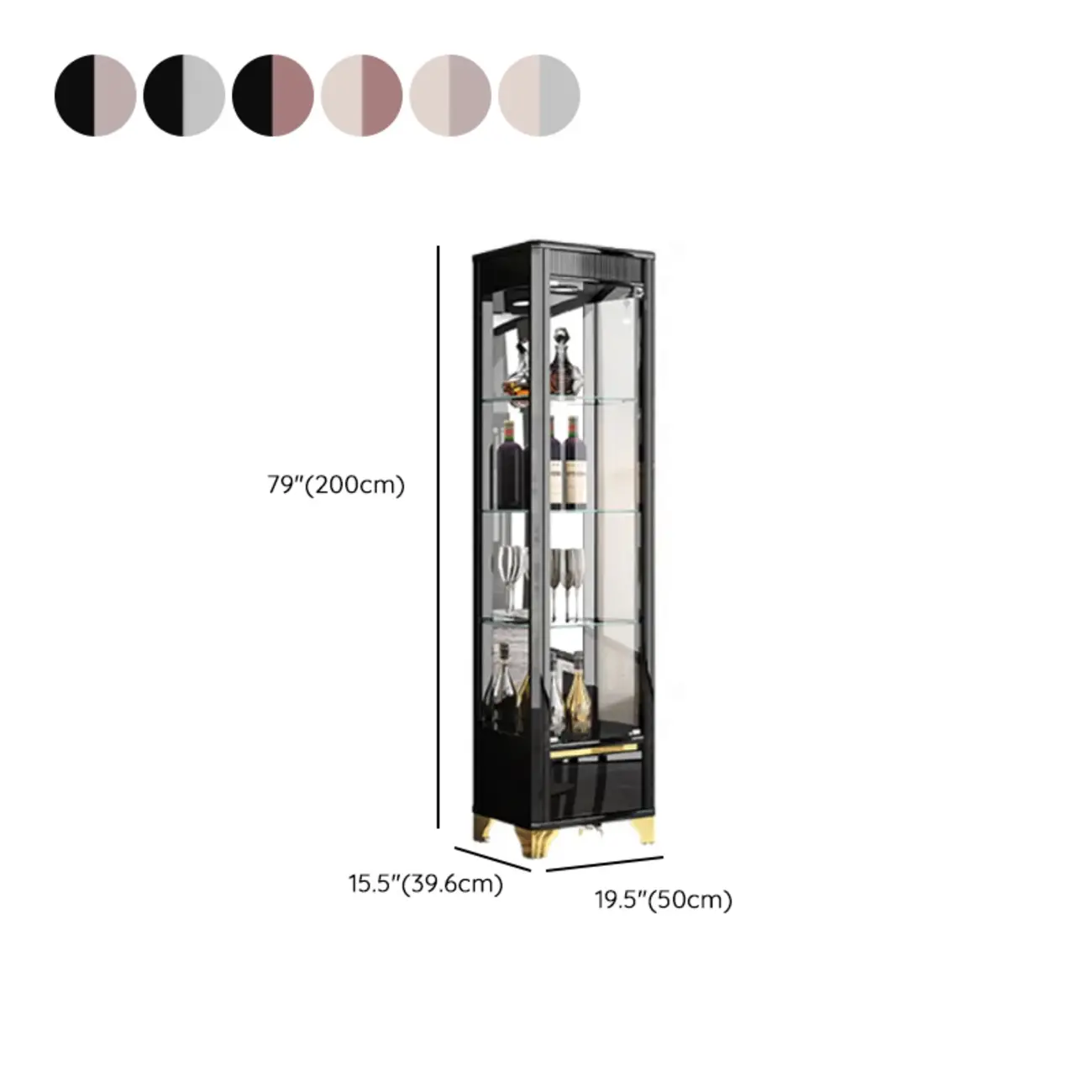 Modern Black Glass Display Cabinet with Storage for Living Room #size