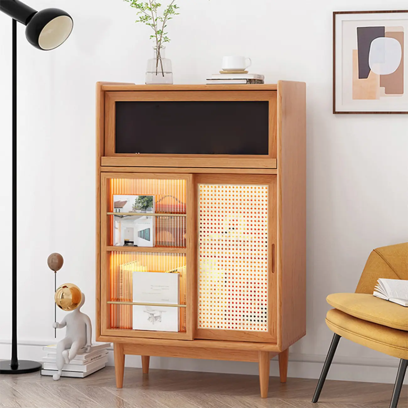 Wooden Display Cabinet with Rattan Doors for Bedroom Image - 2 | homeyfad