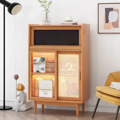 Wooden Display Cabinet with Rattan Doors for Bedroom Image - 2