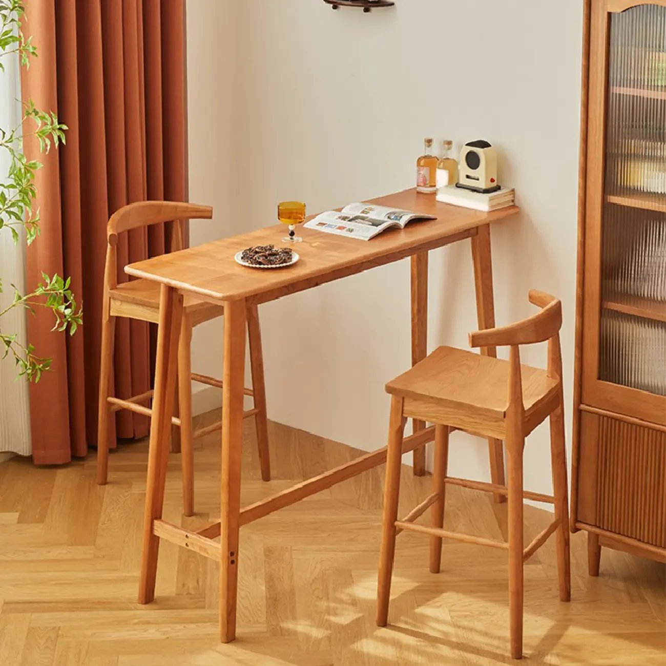 Scandinavian Cherry Wood Narrow Bar Table with Footrest for Dining Image - 1 | homeyfad