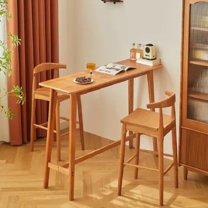 Scandinavian Cherry Wood Narrow Bar Table with Footrest for Dining Image - 1