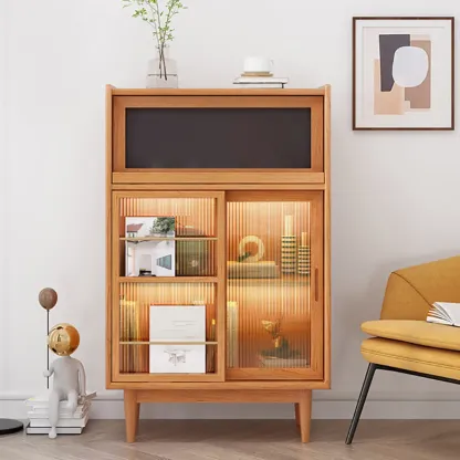Wooden Display Cabinet with Rattan Doors for Bedroom Image - 3