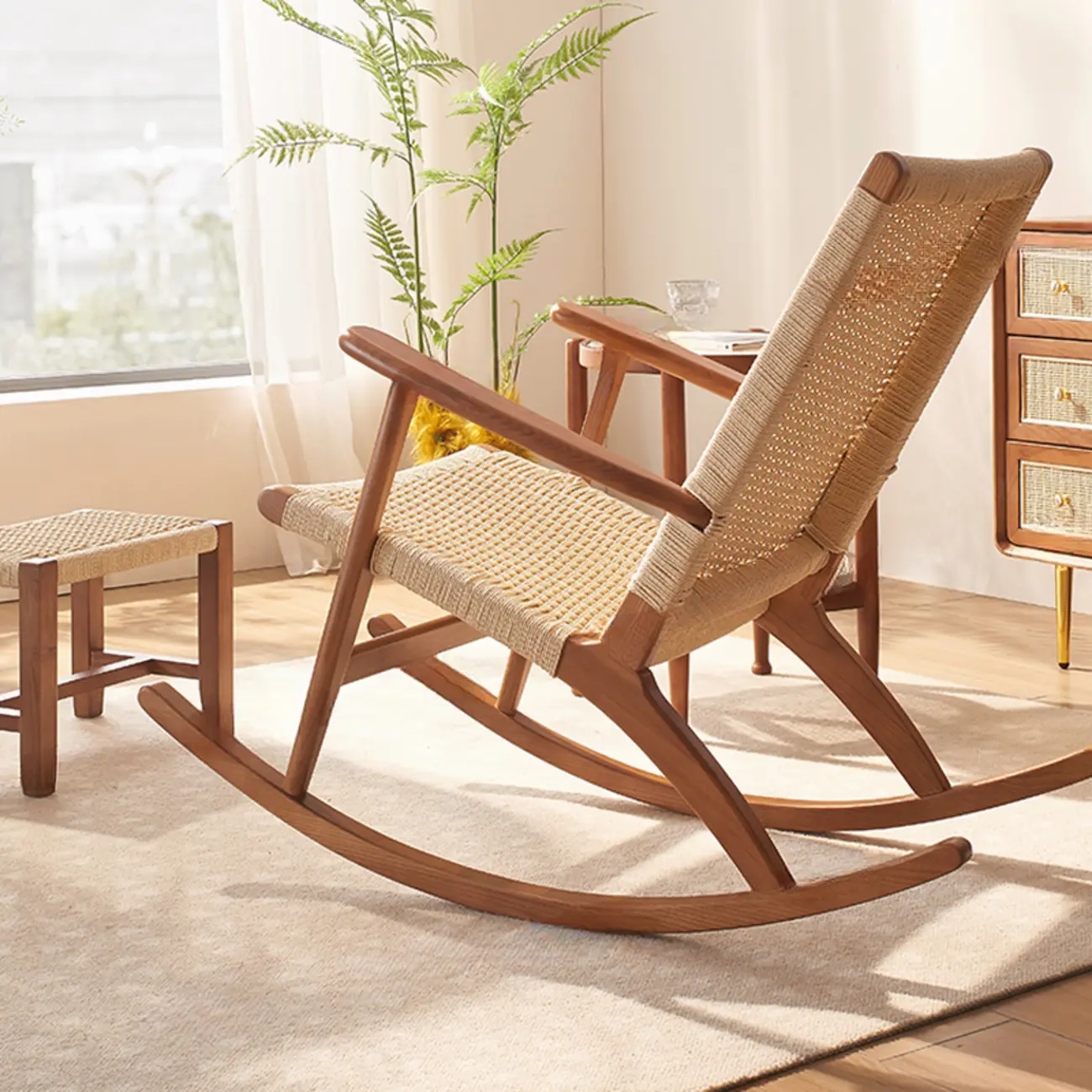 Natural Wooden Rocking Chair with Track Arms for Living Room Image - 4 | homeyfad