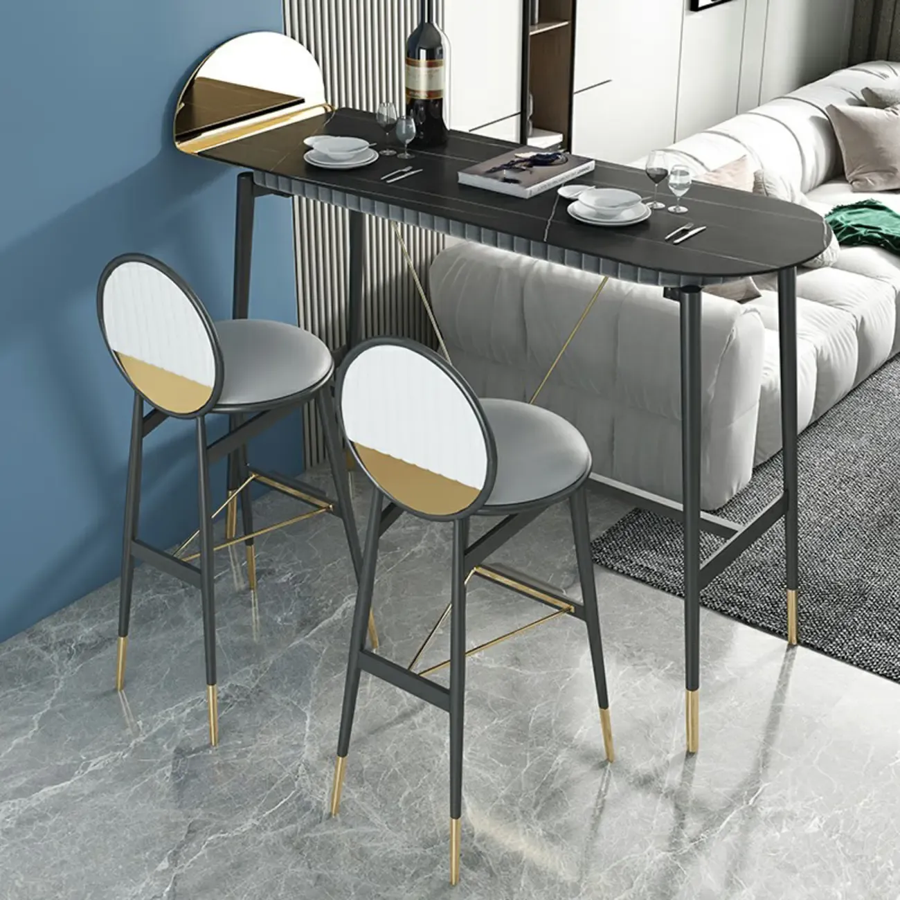 Designer Black Metal Bar Table with Gold Footrest for Modern Home Image - 1