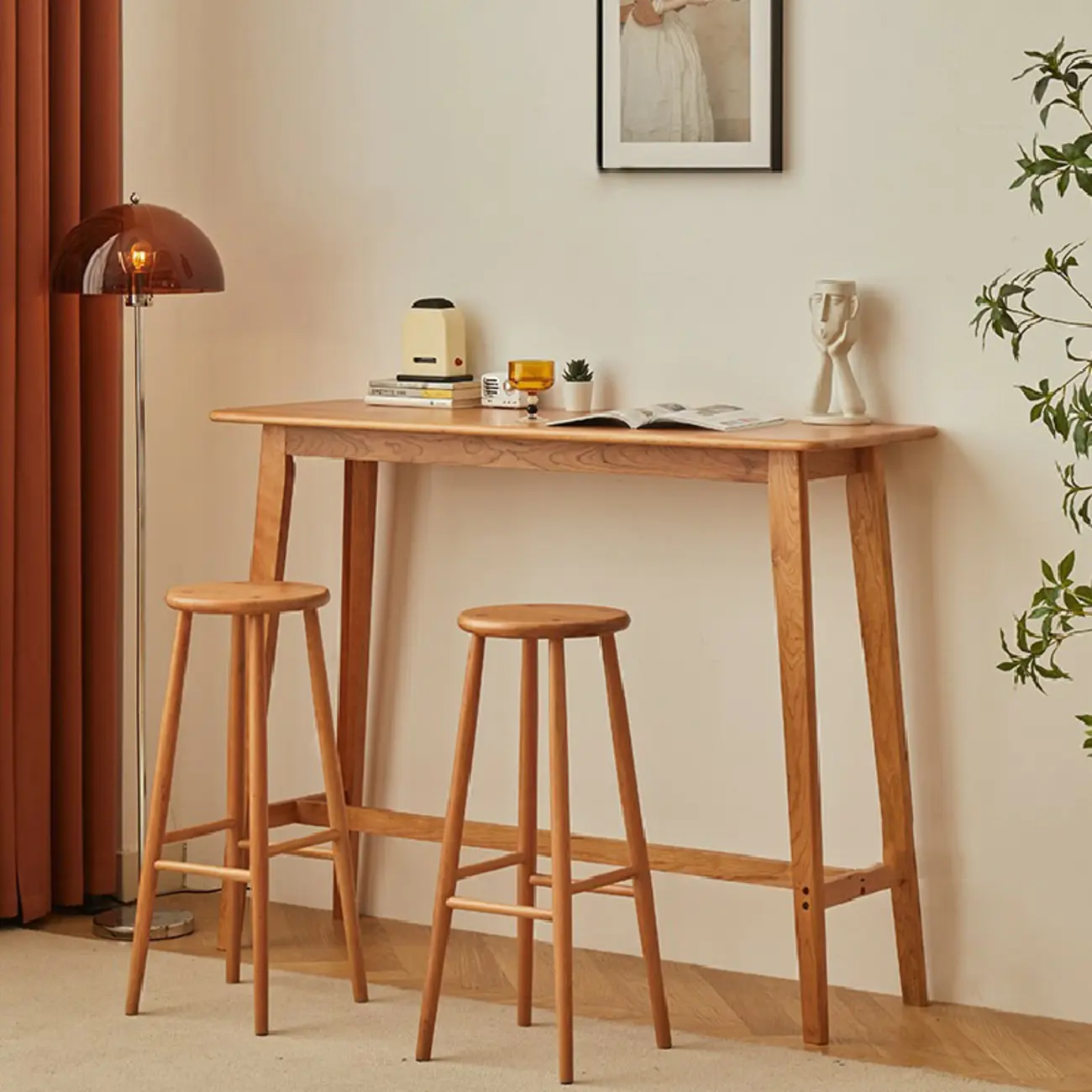 Scandinavian Cherry Wood Narrow Bar Table with Footrest for Dining Image - 2 | homeyfad