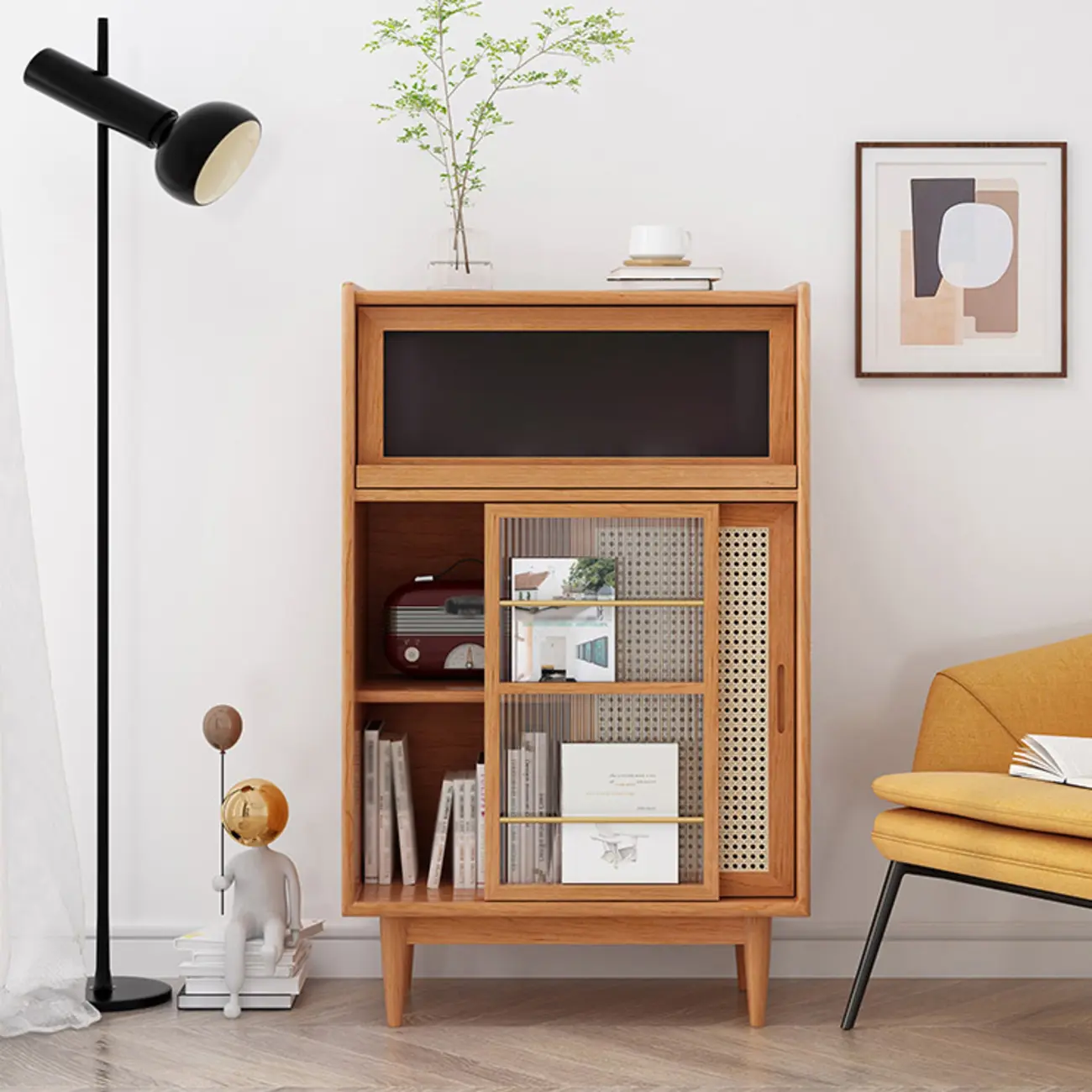 Wooden Display Cabinet with Rattan Doors for Bedroom Image - 4 | homeyfad