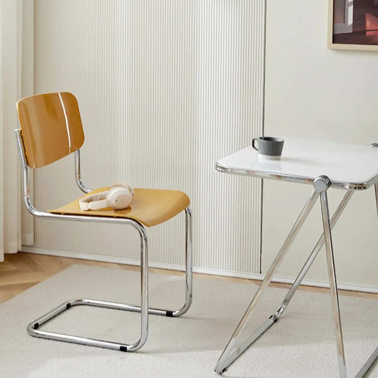 Simple Metal Armless Dining Chair in Yellow Solid Back Image - 1