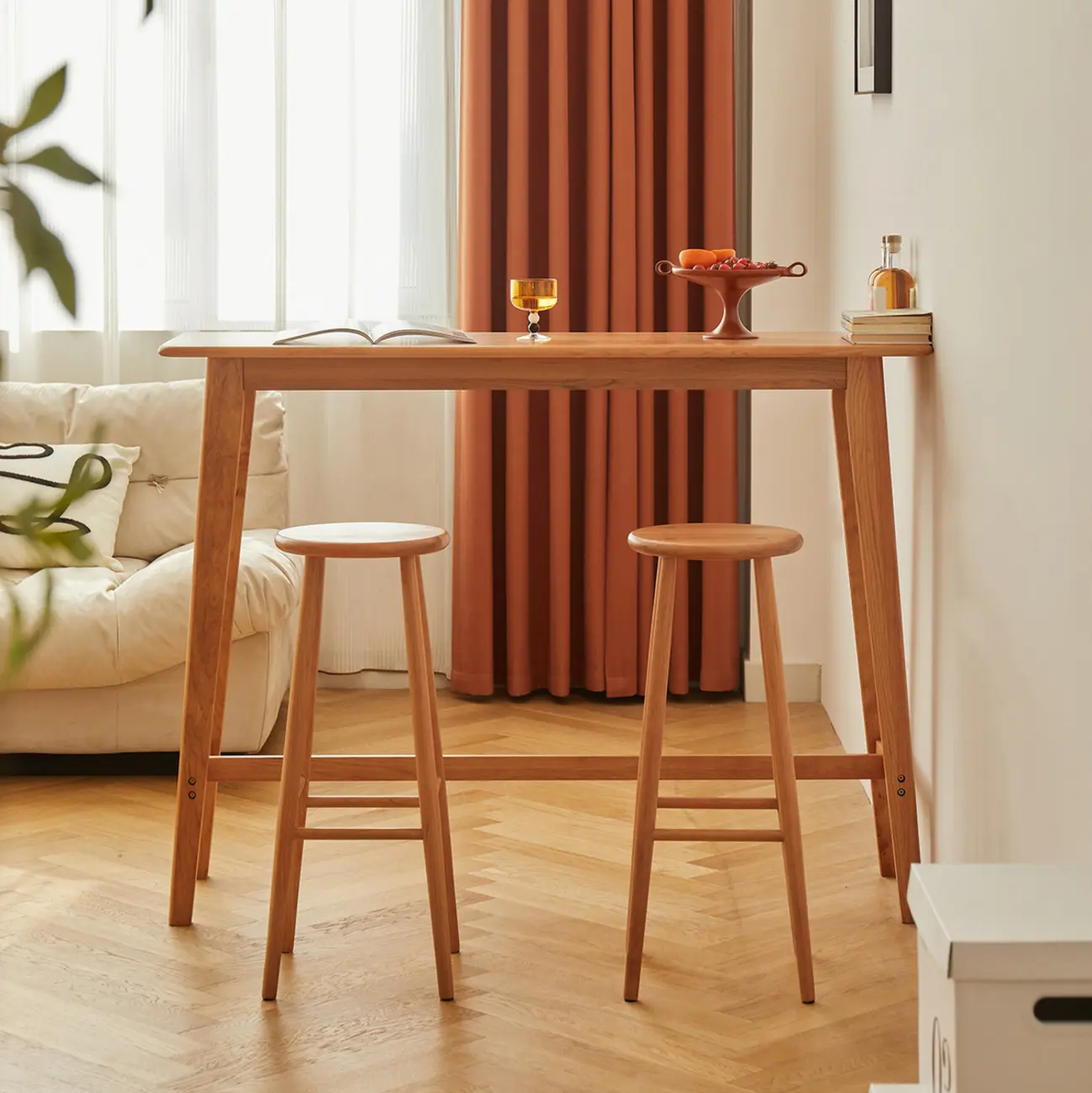 Scandinavian Cherry Wood Narrow Bar Table with Footrest for Dining Image - 3 | homeyfad