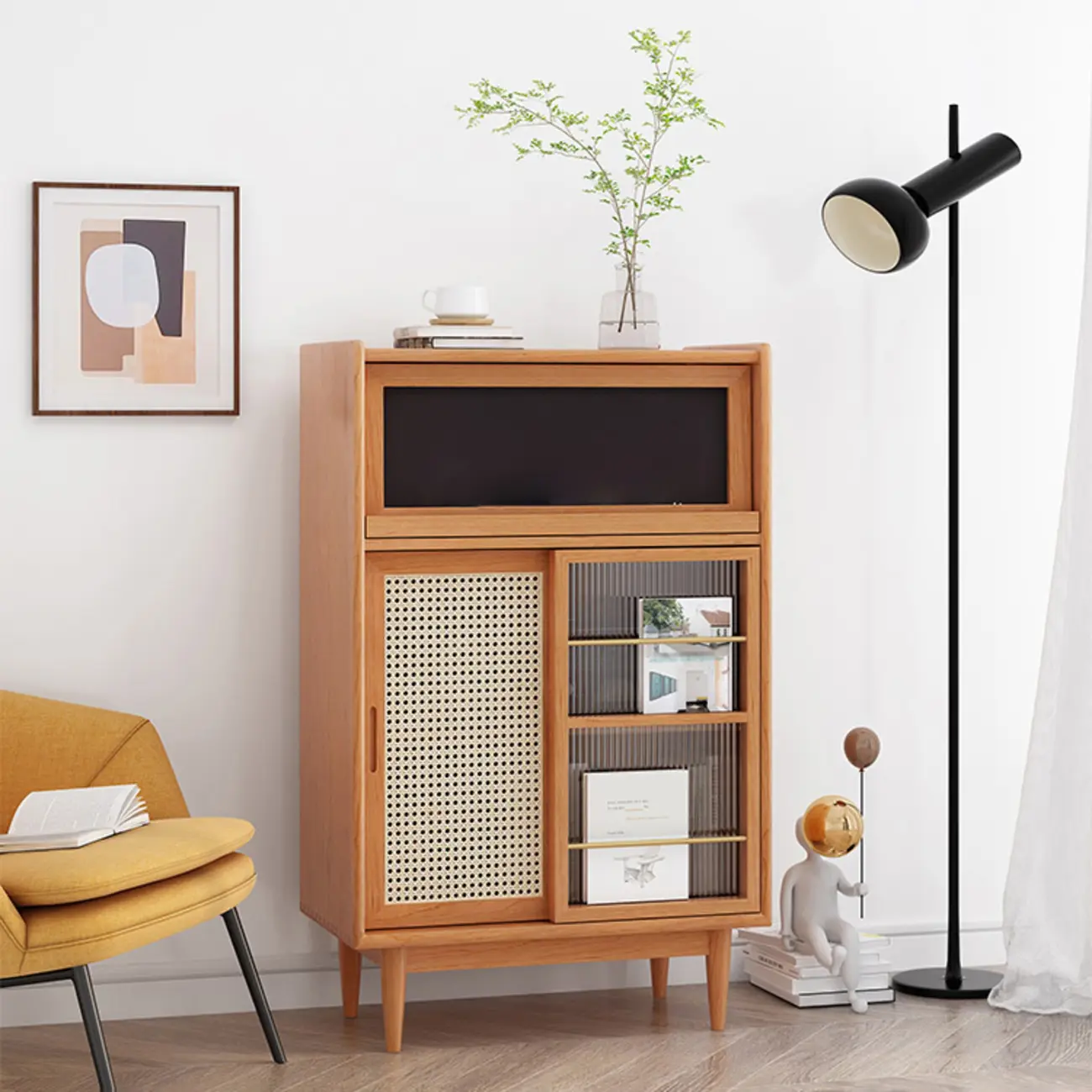 Wooden Display Cabinet with Rattan Doors for Bedroom Image - 6 | homeyfad