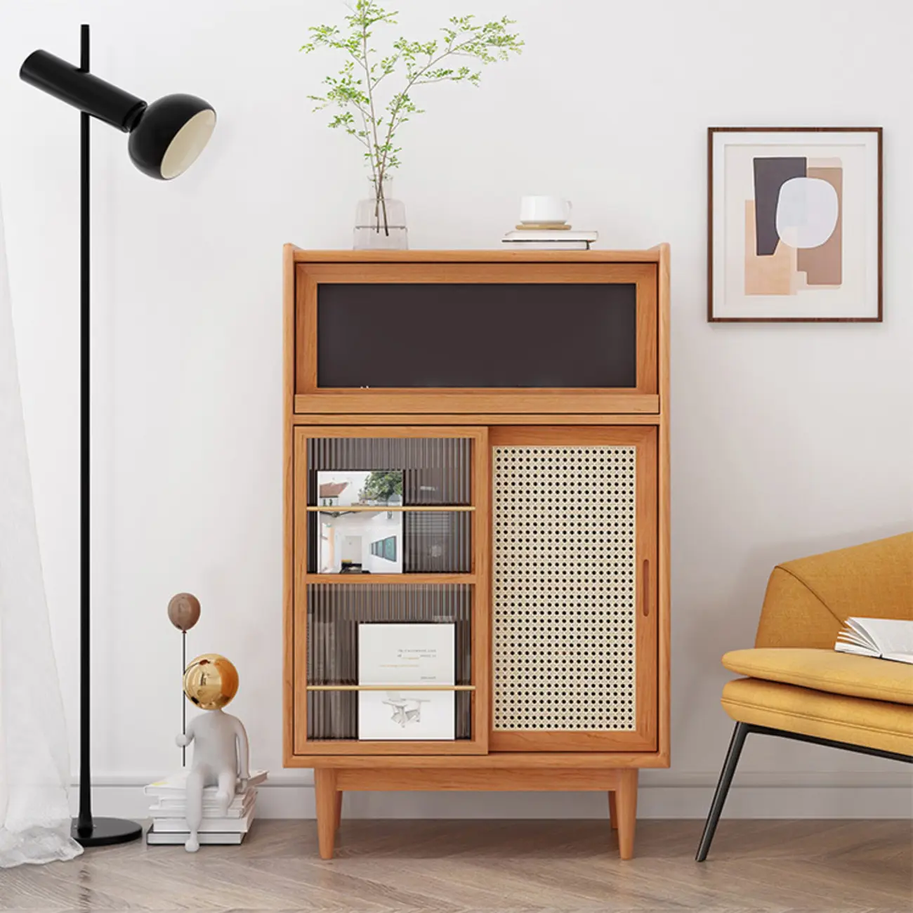 Wooden Display Cabinet with Rattan Doors for Bedroom Image - 7 | homeyfad