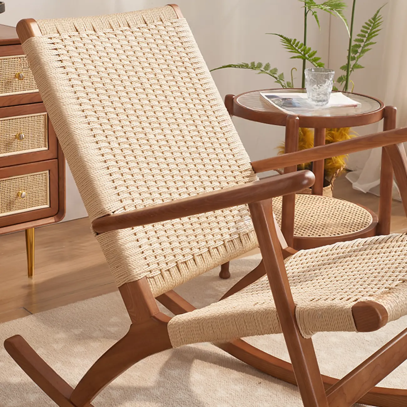 Natural Wooden Rocking Chair with Track Arms for Living Room Image - 8 | homeyfad
