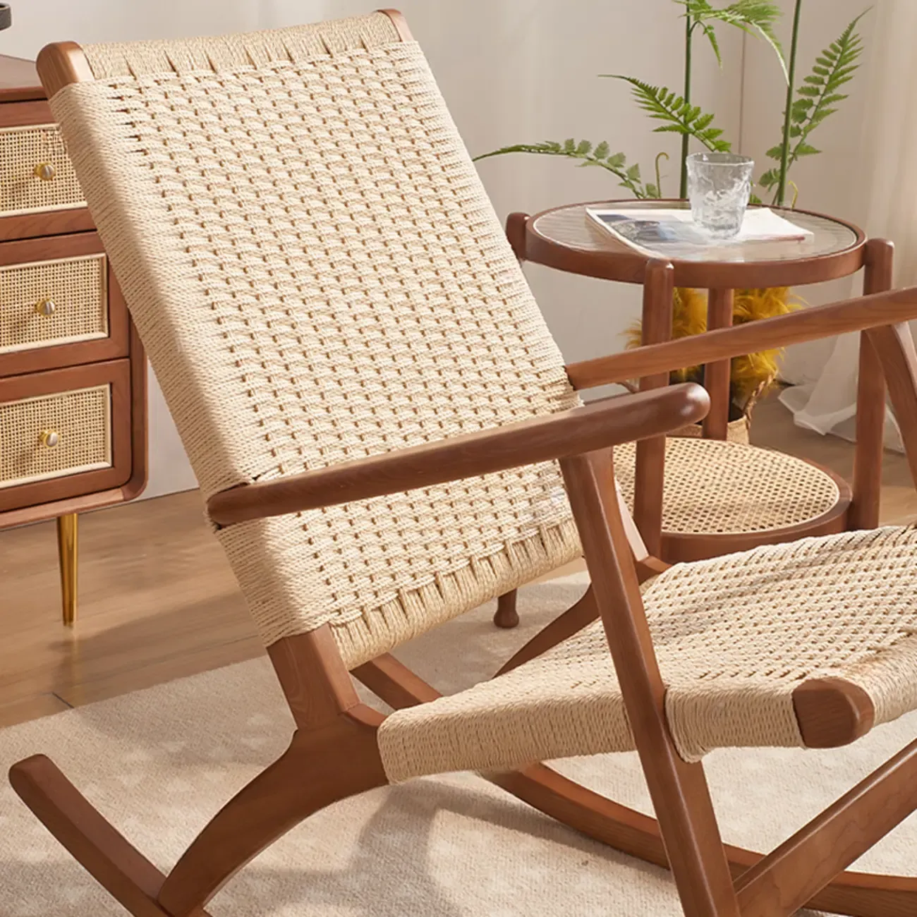 Natural Wooden Rocking Chair with Track Arms for Living Room Image - 8