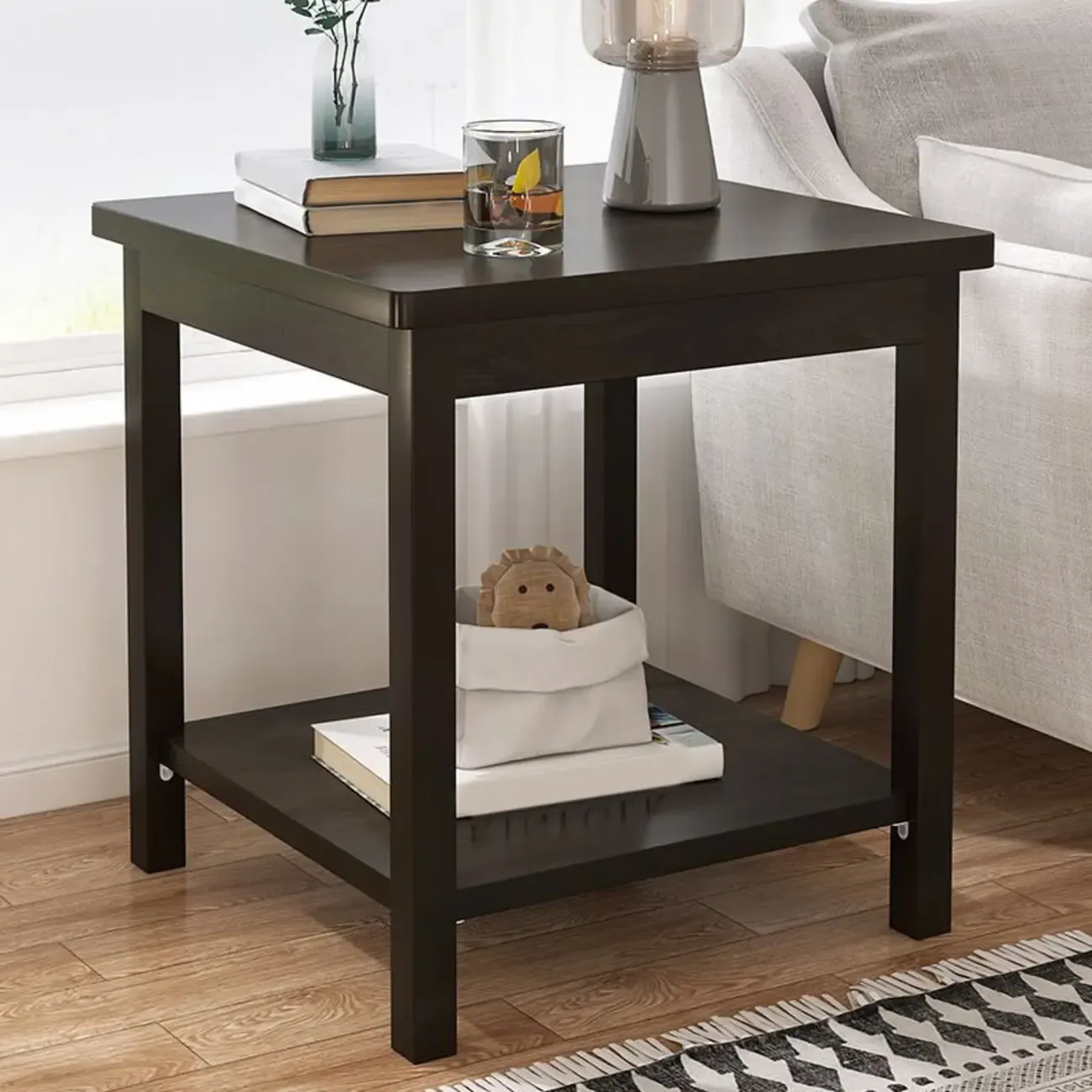 Minimalist Black Wood End Table with Storage for Living Room Image - 1