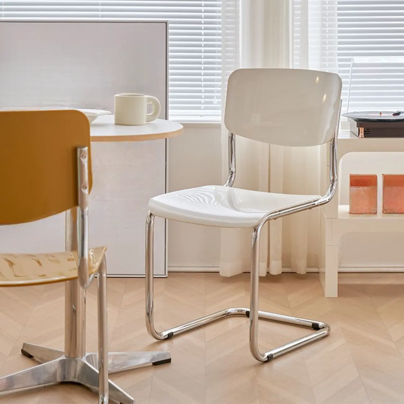 Simple Metal Armless Dining Chair in Yellow Solid Back Image - 6 | homeyfad